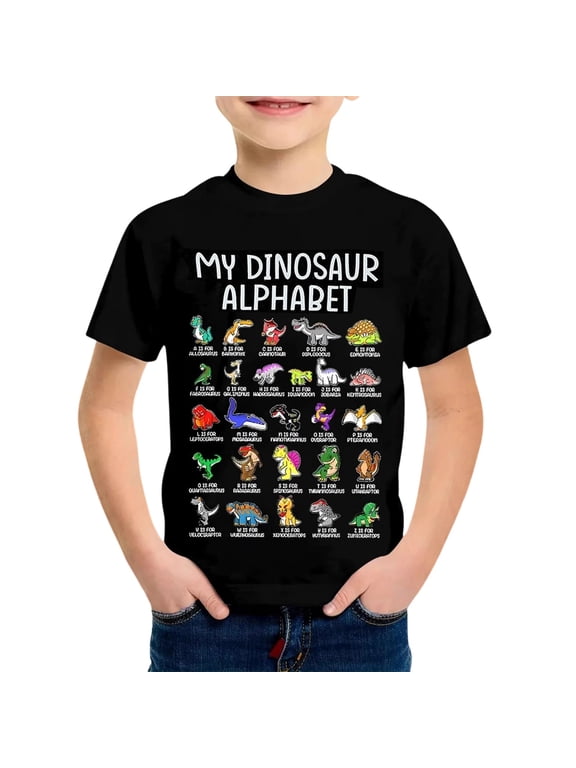 Kids Dinosaur Alphabet T Shirt Short Sleeve Crewneck Graphic Tee Loose Fit Summer Top 3-12 Years