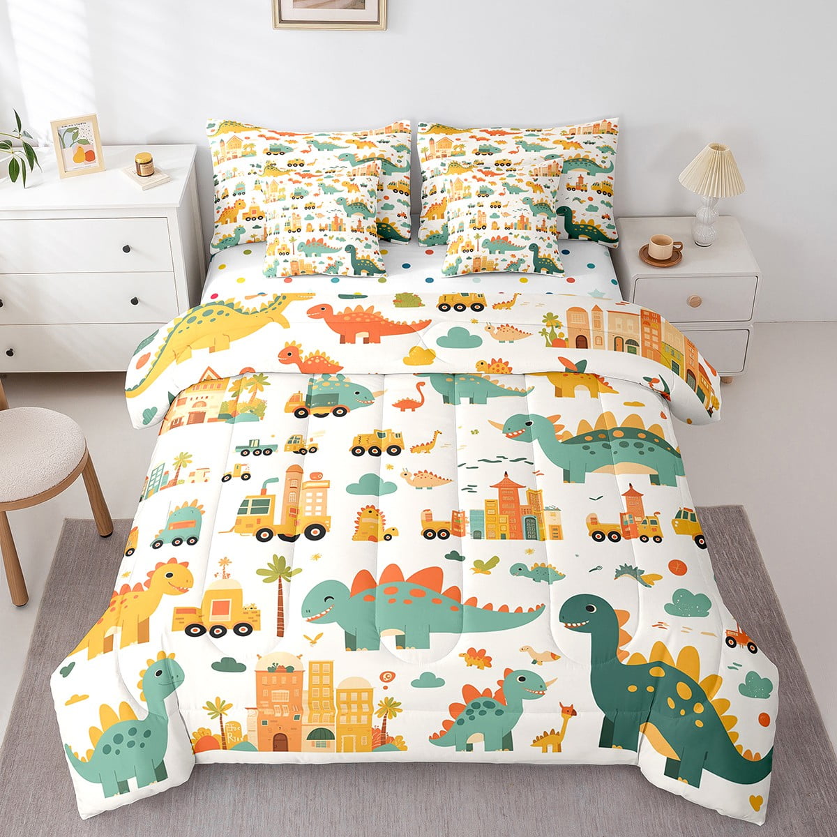 Kids Dinosaur Bed in a Bag Twin 7 Pcs Cute Cartoon Dinosaur Bedding Set ...
