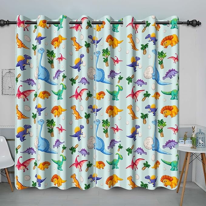 Kids Dinosaur Blackout Curtains Cute Various Dinosaur Patterns Print Window Drapes For Boys Girls Bedroom Living Room Funny Cartoon Dinosaur Grommets Curtain Home Decor 42"W x 63"L (Pack of 2)