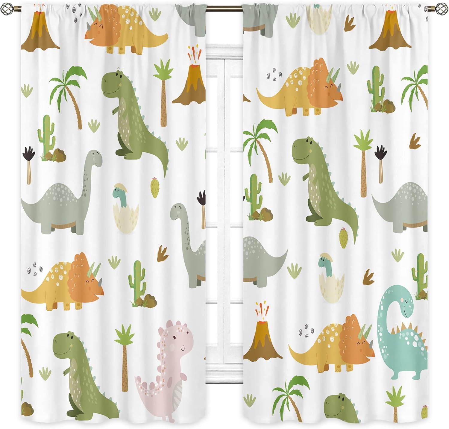 Kids Dinosaur Curtains 42W x 63H Inch Rod Pocket Colorful Cute Cartoon Dino for Baby Boys Funny Animals Toddler Room Decor Nursery Safari Wildlife Printed Bedroom Window Drapes Fabric 2 Panel