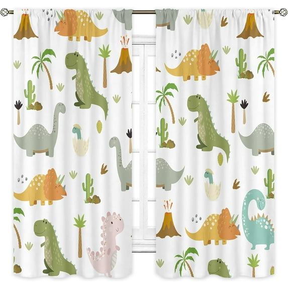 Kids Dinosaur Curtains 42W x 63H Inch Rod Pocket Colorful Cute Cartoon Dino for Baby Boys Funny Animals Toddler Room Decor Nursery Safari Wildlife Printed Bedroom Window Drapes Fabric 2 Panel