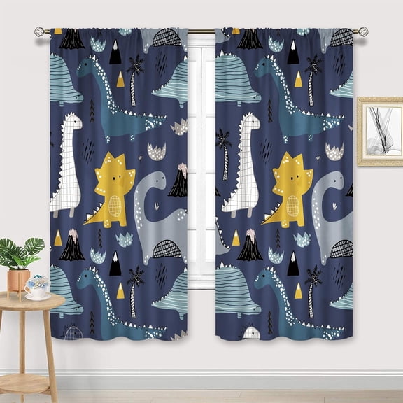 Kids Dinosaur Curtains 42Wx63H Inch Rod Pocket Cute Cartoon Dark Blue Dino Toddler Nursery Funny Animal Art Printed Room Decor Living Room Bedroom Window Drapes Treatment Fabric 2 Panels