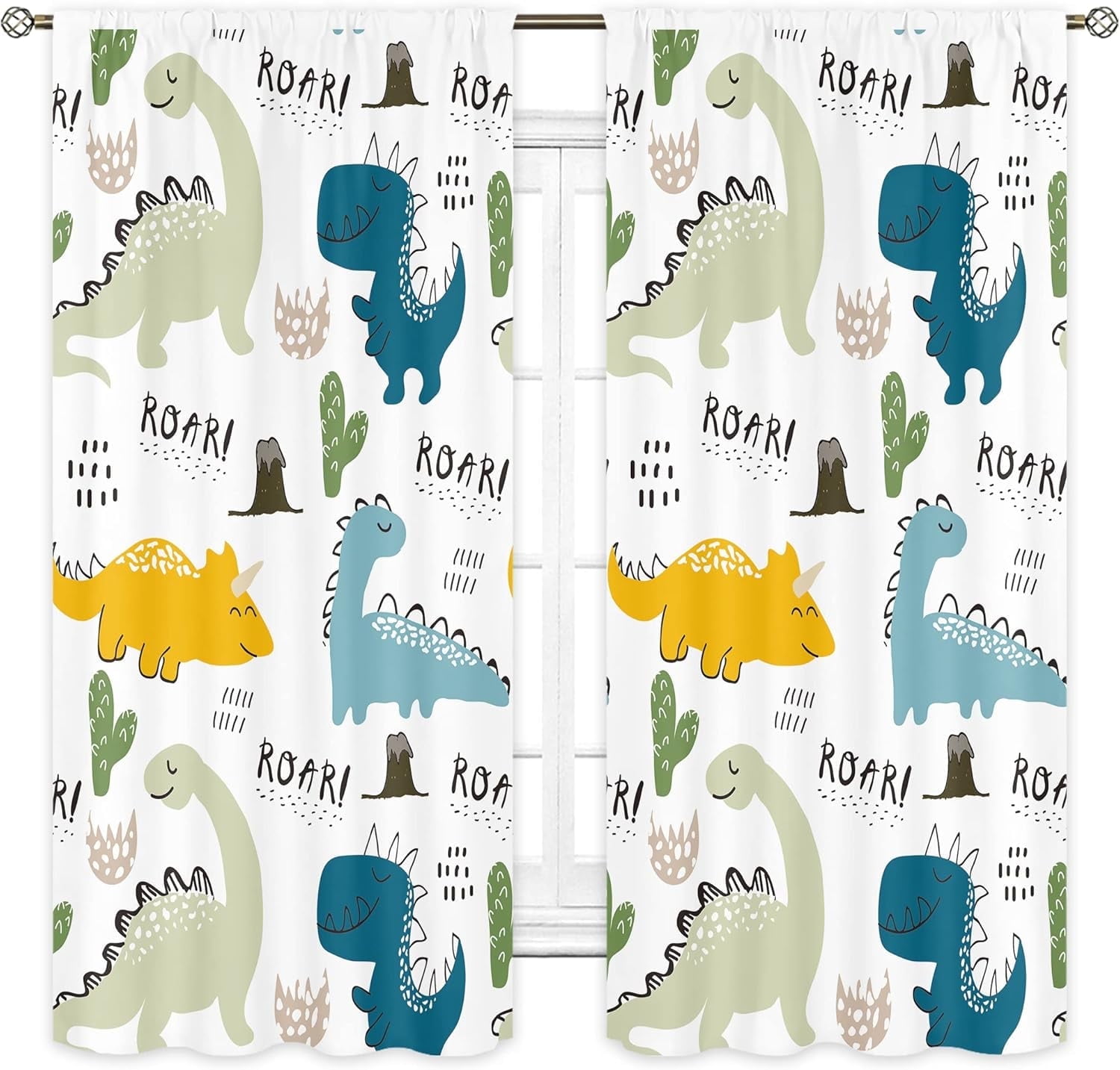 Kids Dinosaur Curtains for Baby Boys 42Wx63L Inch Rod Pocket Cute Cartoon Dino Toddler Room Decor Nursery Colorful Safari Funny Animal Printed Bedroom Living Room Window Drapes Fabric 2 Panels