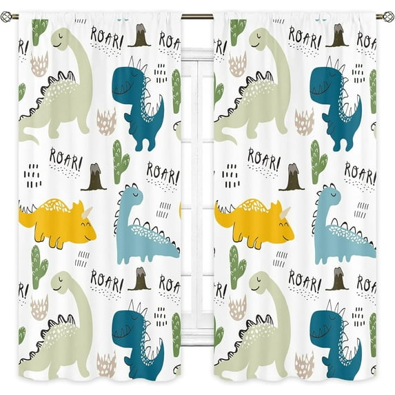 Kids Dinosaur Curtains for Baby Boys 42Wx63L Inch Rod Pocket Cute Cartoon Dino Toddler Room Decor Nursery Colorful Safari Funny Animal Printed Bedroom Living Room Window Drapes Fabric 2 Panels