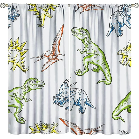 Kids Dinosaur Curtains Cartoon Dino Cute Funny Animal Children Toddler Printed Curtain with Rod Pocket for Baby Boy Bedroom Home Decor Drapes Window Treatments 2 Panels Set 42x54 Inch