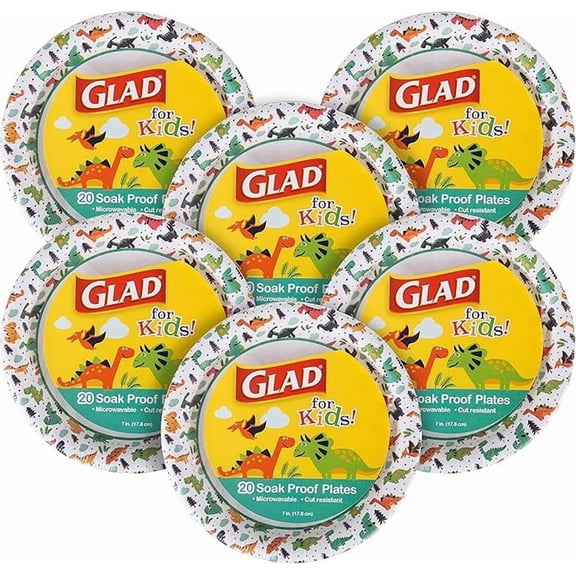 for Kids Dinosaur Disposable Paper Plates, Heavy Duty Soak Proof Microwave Safe Kids Plates for Snacks, Meals, and Parties, Fun Dino Design, Party Pack, 7 Inch, 20 Count - 6 Pack