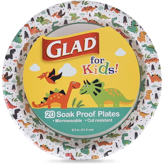 for Kids Dinosaur Disposable Paper Plates, Heavy Duty Soak Proof Microwave Safe Kids Plates for Snacks, Meals, and Parties, Fun Dino Design, Party Pack, 8.5 Inch, 20 Count