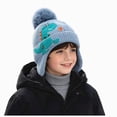 thumbnail image 1 of Kids Dinosaur Embroidered Knit Pom Beanie with Earflaps,Winter Warm Hat for Kids, 1 of 6