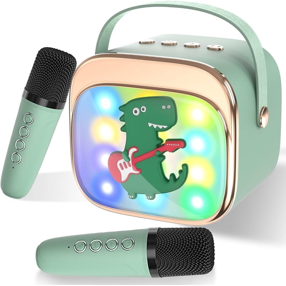 Kids Dinosaur Karaoke Bluetooth Speaker,4 Voice Changer,RGB Light + 2 Wireless Microphones