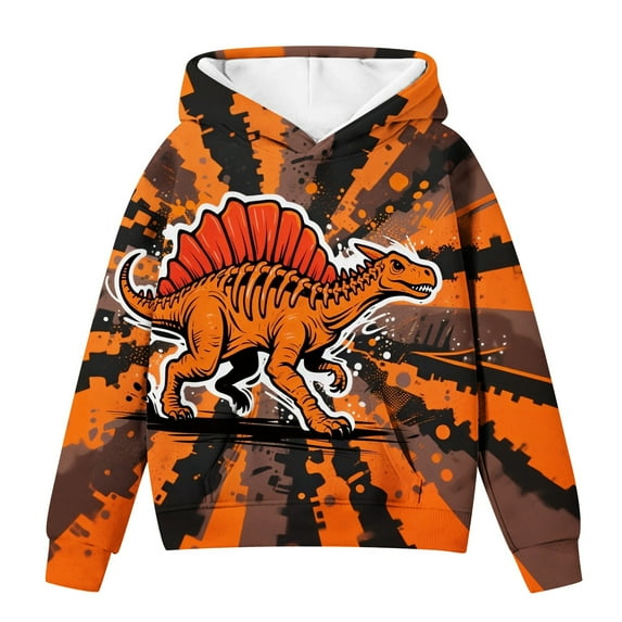 Kids Dinosaur Tie Dye Hoodie Boys Girs Pullover with Pocket , Soft Casual Long Sleeve Printed Sweatshirt with Drawstring for Children Sports Outdoor 2-12 Years(Orange,10-11Years)