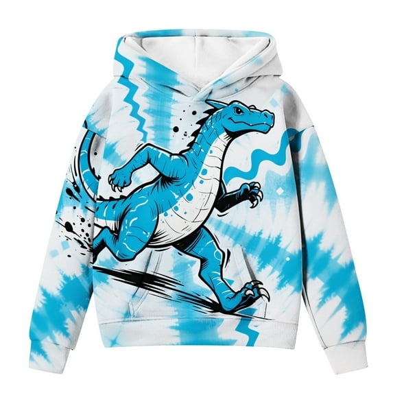 Kids Dinosaur Tie Dye Hoodie Boys Girs Pullover with Pocket , Soft Casual Long Sleeve Printed Sweatshirt with Drawstring for Children Sports Outdoor 2-12 Years(Light Blue,2-3Years)