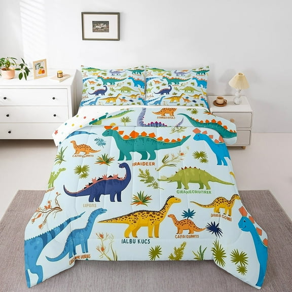 Dinosaur Comforter Set Cute Cartoon Animal Bedding Sets Lovely Dinosaur Print Bedding Comforter Sets Kawaii Dion Themed Down Comforter 3D Dinosaur Decor Duvet Set