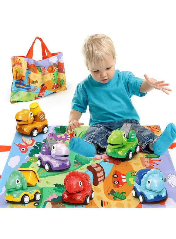 Kids Dinosaur Toy for 2 Year Old Boys, 6PCS Pull Back Construction Cars with Play Mat for Toddler, Baby Friction Power Vehicles Birthday Gift, Cartoon Dino Toy Cars for Kids 3-5
