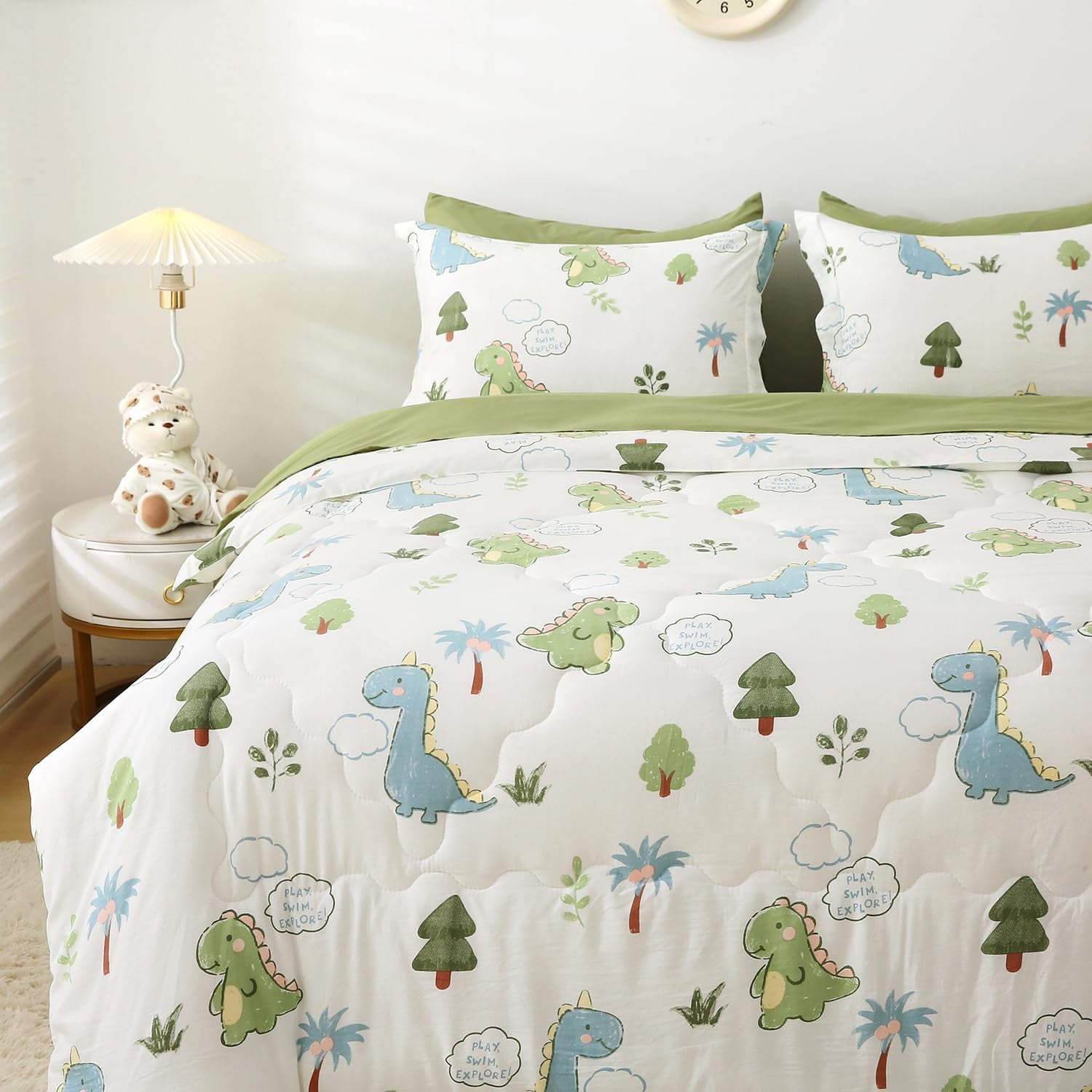 Kids Dinosaurs Comforter Set Bed in A Bag Full Size 7 Piece Cute Green
