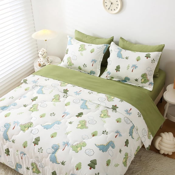 Kids Dinosaurs Comforter Set Bed in A Bag Full Size 7 Piece Cute Green Dinosaur Jungle Bedding Set for Girls Boys