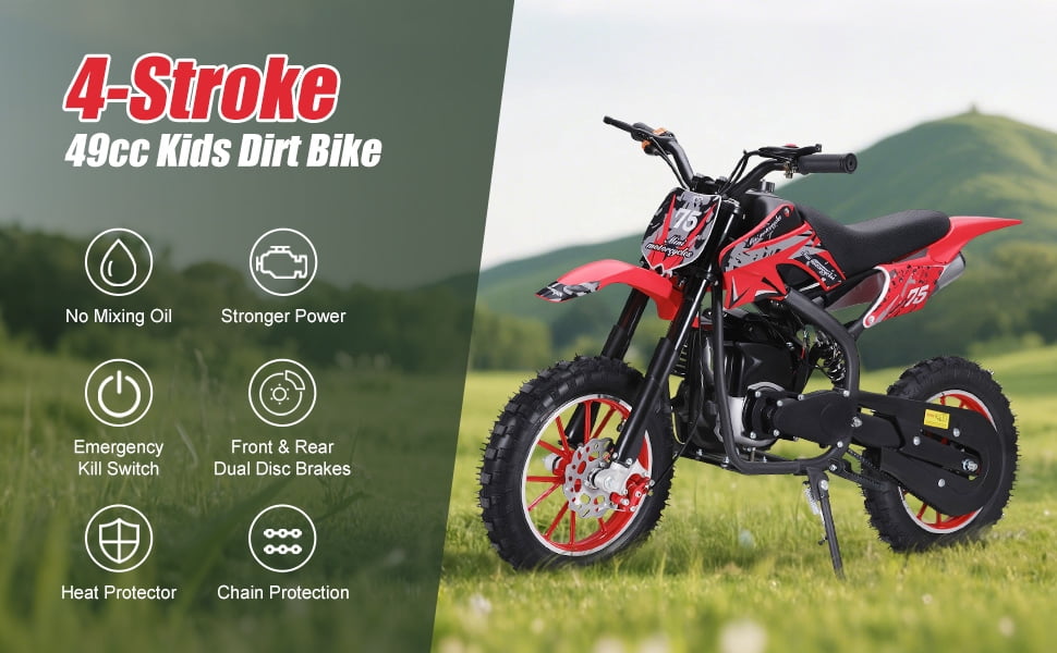 Kids Dirt Bike 49CC 4-Stroke Gas Powered Off Road Motorcycle, Maximum Speed 35km/H Children Pocket Motorbike with Disc Brakes