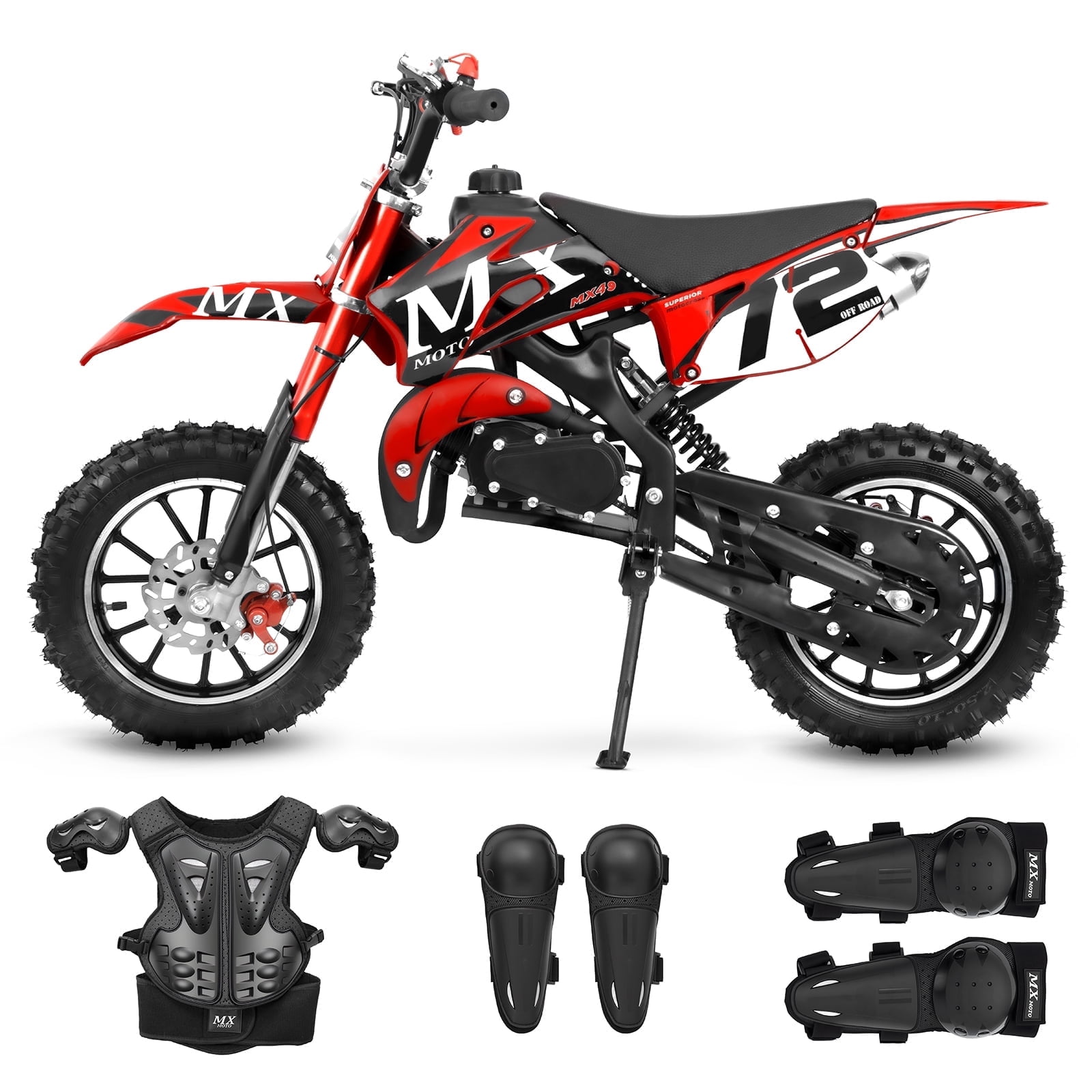 Kids Dirt Bike 49cc Gas Powered - 2-Stroke Off-Road Motorcycle for Ages 13+, 24 MPH Max Speed with Shock Absorber & Dual Disc Brakes，Kill Switch, Max Load 220LBS RED