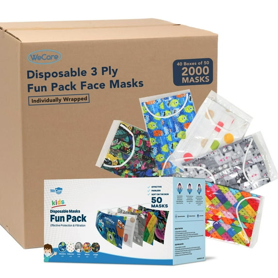 Kids Disposable Face Mask, 3-Ply with Ear Loop (40 Pack of 50 Individually Wrapped - 2000 Total) - Fun Pack