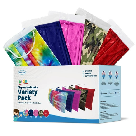 Kids Disposable Face Mask, 3-Ply with Ear Loop (50 Individually Wrapped) - 10x Red, 10x Tie Dye, 10x Pink, 10x Camo Green, 10x Navy Blue