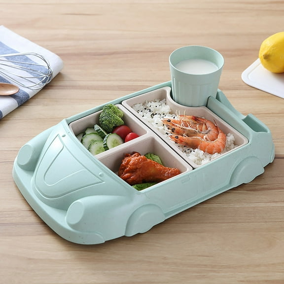 Divided Plates Set with Removable Sections Car-Shaped Bamboo Fiber Feeding Tray and Snack Cups