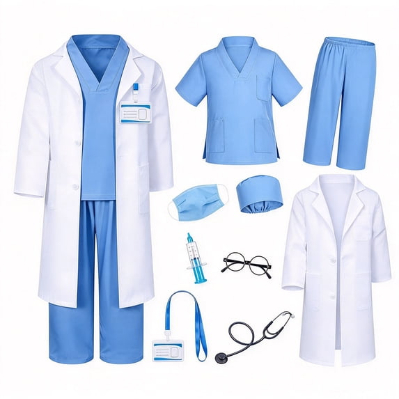 Kids Doctor Costume 9‑Piece, Complete Medical Dress‑Up Set with White Lab Coat, Halloween Party Role‑Play Outfit for Boys & Girls Age 8‑12 Years