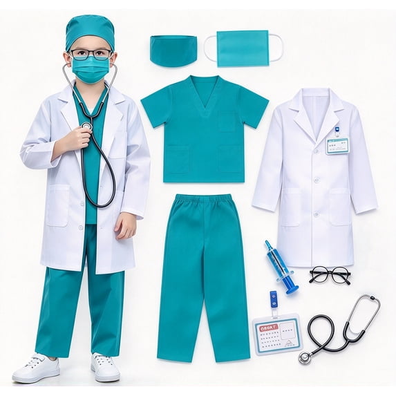 Kids Doctor Costume 9‑Piece, Scrub Doctor Outfit with White Lab Coat, Halloween Cosplay Dress‑Up Set for Girls 8‑12 Years Old