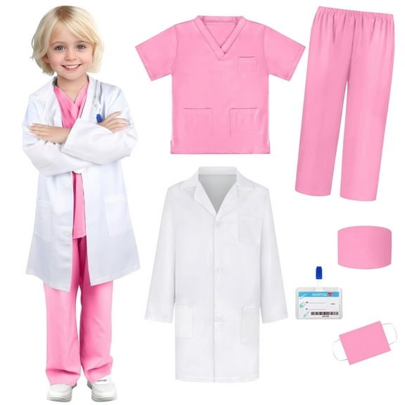 Kids Doctor Costume Nurse Outfit Set with Accessories, Doctor Fancy Dress Up Career Day Role Play for Girls Boys Pink 6-7 Years