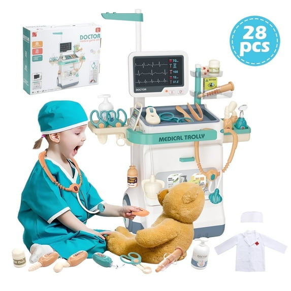 Kids Doctor Play Set, 28 pcs Pretend Medical Station Set with Mobile Cart, Stethoscope, Doctor Coat & Hat for Toddlers, Doctor Kit Role Play Toys for Boys Girls