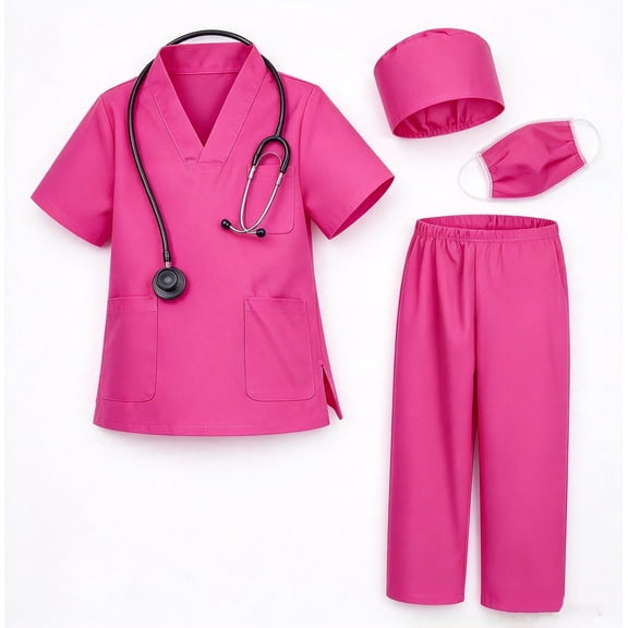 Kids Doctor Scrubs Costume 4-Piece Set with Pants & Accessories, Suitable for Boys and Girls Ages 3 to 11, Pretend Play Medical Uniform for Halloween Dress Up