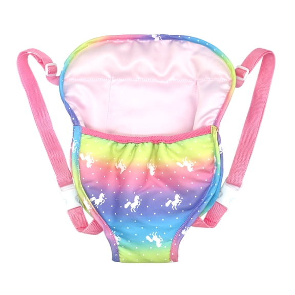 Kids Doll Backpack Sling Carrier, Adjustable Toy Carrier, Rainbow & Purple Heart Design, Fits 18 Inch for Girls Pretend Play