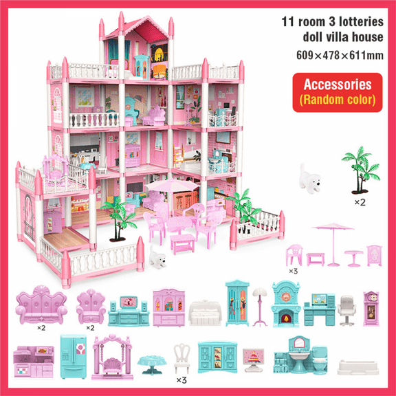 Kids Doll House 11Rooms Pretend Play DIY Playhouse, Large Princess House for Girls Early Education Christmas Birthday Gifts