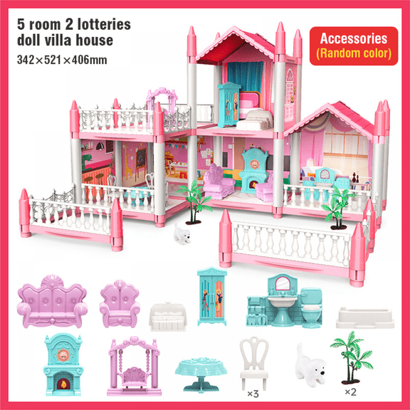 Kids Doll House 5 Rooms Pretend Play DIY Playhouse, Large Princess House for Girls Early Education Christmas Birthday Gifts