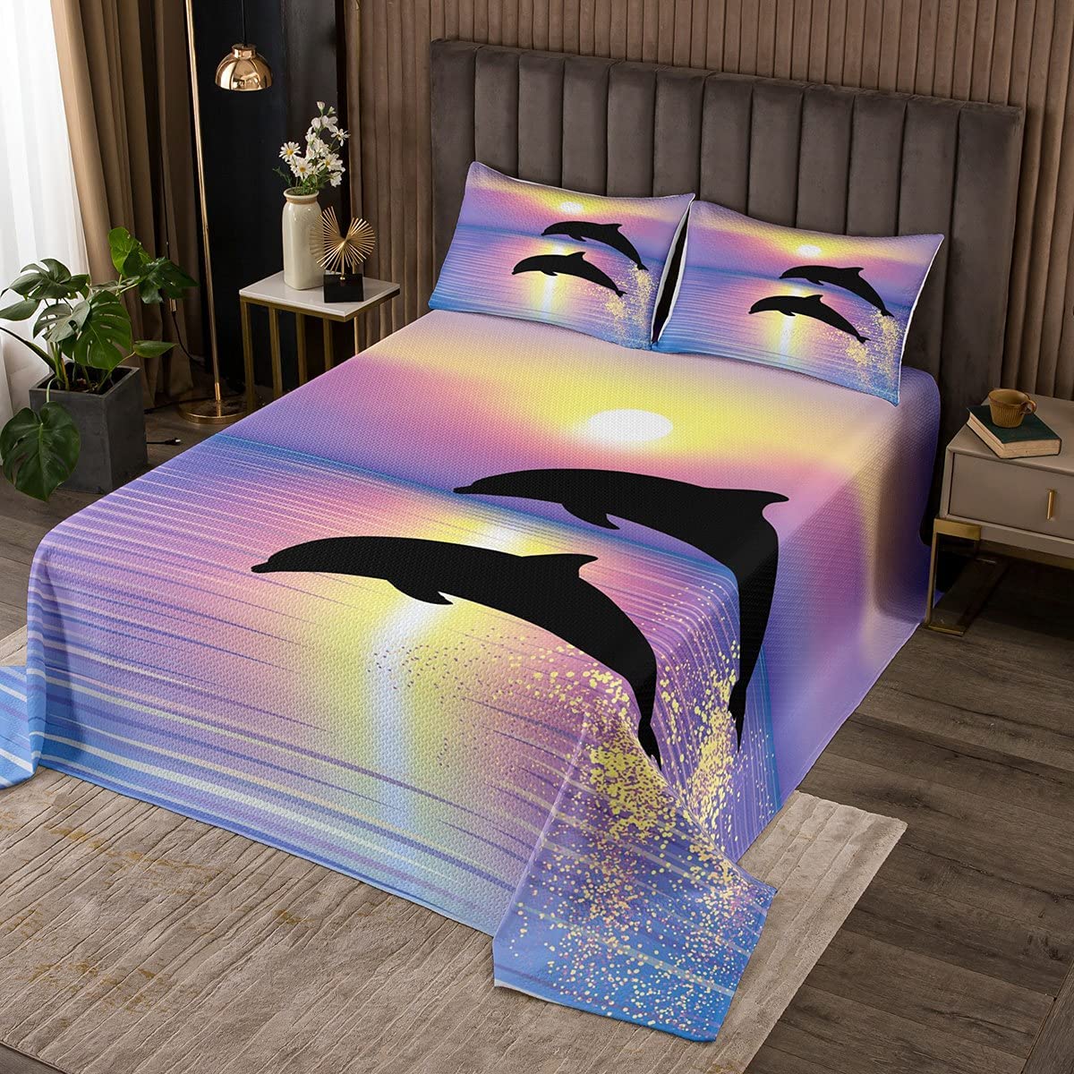 Kids Dolphin Bedspread Queen Size,Ocean Marine Life Quilt Set Coverlet