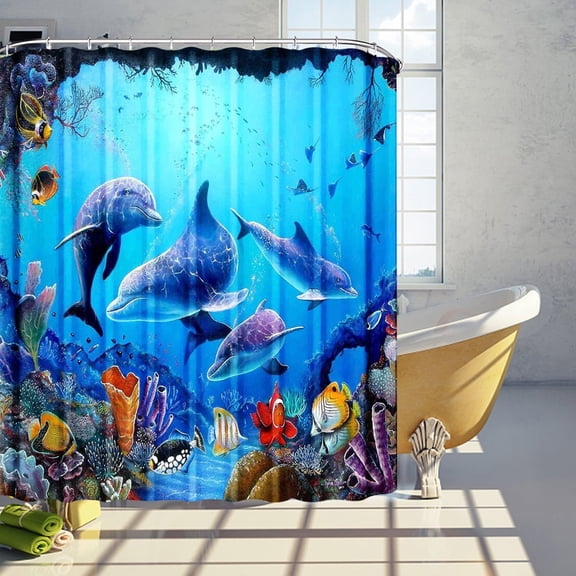 Kids Dolphin Shower Curtain for Bathroom Decor 72Wx72H Ocean Sea Underwater Turtle Fish Tropical Coral Reef Marine Wildlife Art Printed Fabric Polyester Waterproof 12 Pack Plastic Hooks
