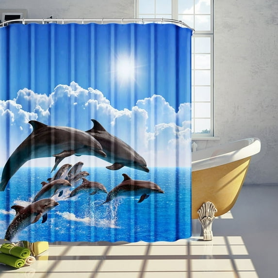 Kids Dolphin Shower Curtain for Bathroom Decor 72Wx78H Ocean Sea Underwater Turtle Fish Tropical Coral Reef Marine Wildlife Art Printed Fabric Polyester Waterproof 12 Pack Plastic Hooks