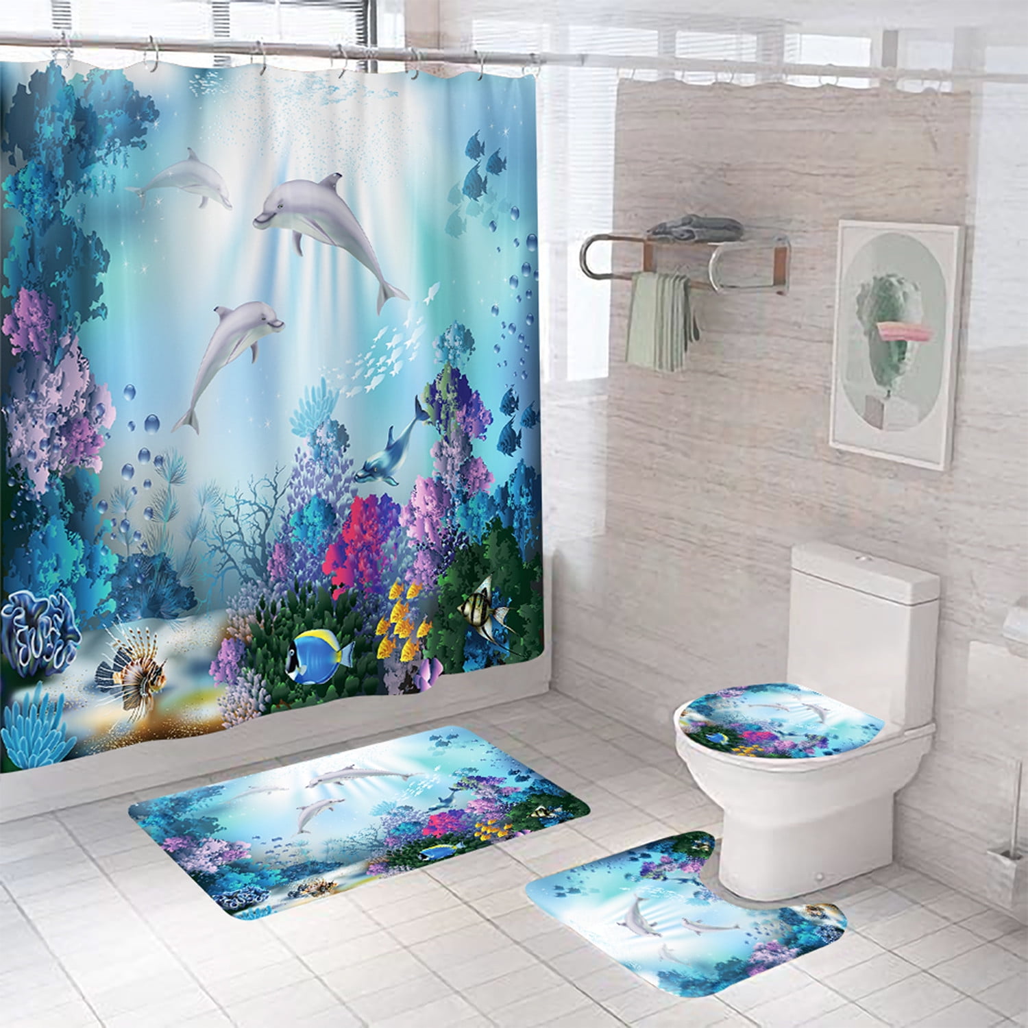 Kids Dolphin Shower Curtain and Bath Rug Set 4 Pcs Fabric Cute Blue Undersea Bathroom Curtain Set Decor 72x72 inches