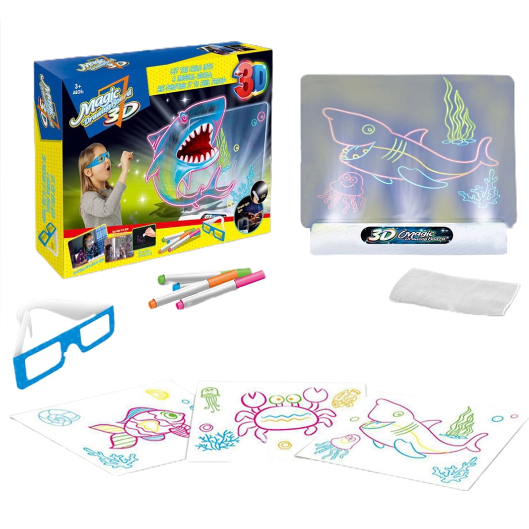 Chomunce Kids 3D Drawing Board,Magic Pad with Light Up Glow,LED Draw Sketch  Tablet for Art Write Learning which Includes Wiping Cloth, Glow Boost