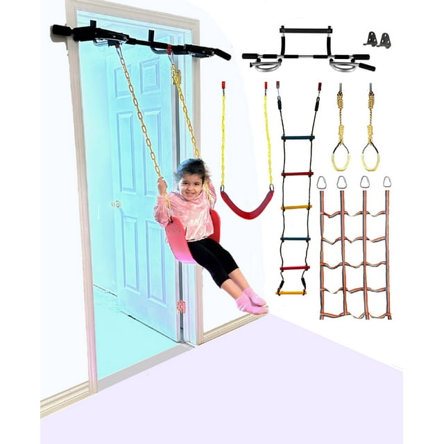 Kids 6 in 1 Home Gym Equipment Doorway Swing Set, Pull Up Bar