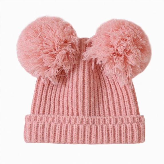 Kids Double Pom Pom Knit Beanie,Cute Winter Warm Hat with Faux Fur Balls