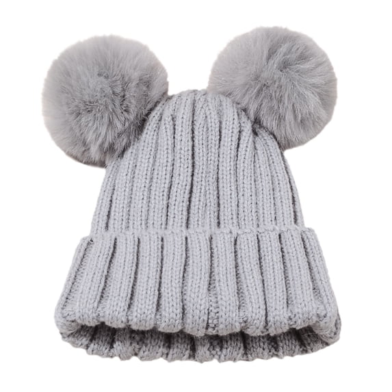 Kids' Double Pom Pom Knit Beanie - Soft Winter Hat for Babies & Children, Warm Ribbed Beanie Cap for 6 Months to 12 Years-Gray