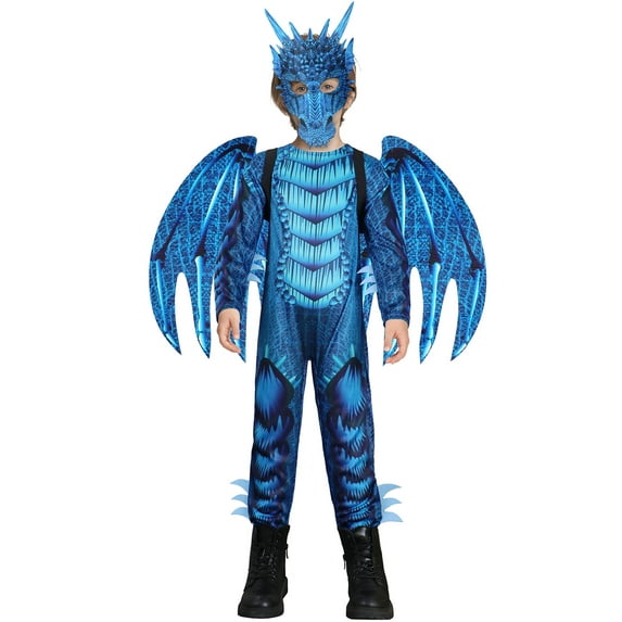 Kids Dragon Costume, 3 Pcs Jumpsuit Wings Mask Blue Outfit for Unisex Children Boys Girls Dress Up Halloween Birthday Party 4-6Y