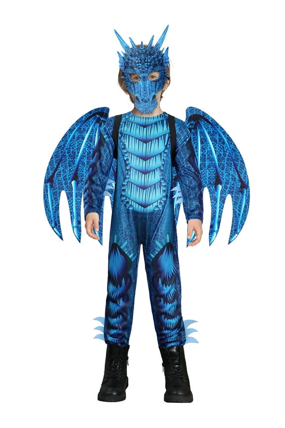 Kids Dragon Costume, 3 Pcs Jumpsuit Wings Mask Blue Outfit for Unisex Children Boys Girls Dress Up Halloween Birthday Party 8-10Y
