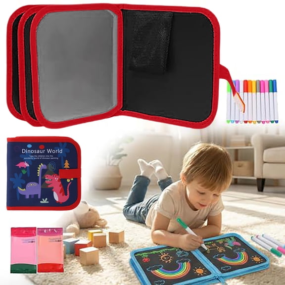 Kids Drawing Pad, Travel Art Kit for Student, Reusable Scribble Book and Markers, Kids Activity Kit, 9X8 Inch 16 Side Erasable Portable Painting Doodle Pad, Includes 12 No Bleed