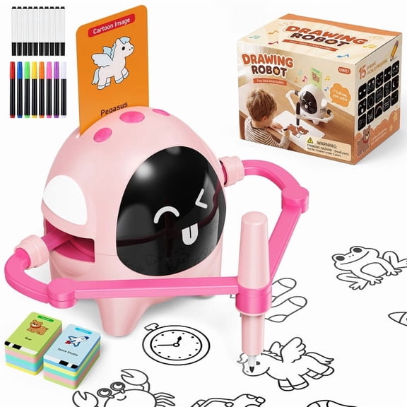 Kids Drawing Robot Toy, Montessori Painting Learning Toy, Christmas Birthday Gift for Boys & Girls, 200 Drawing Cards(Pink)