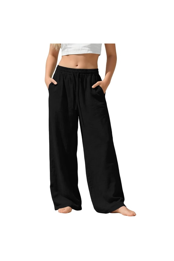 Kids Drawstring Linen Wide Leg Pants Casual Loose Trousers with Pockets for Boys Girls Summer Beach Vacation Black 5Y