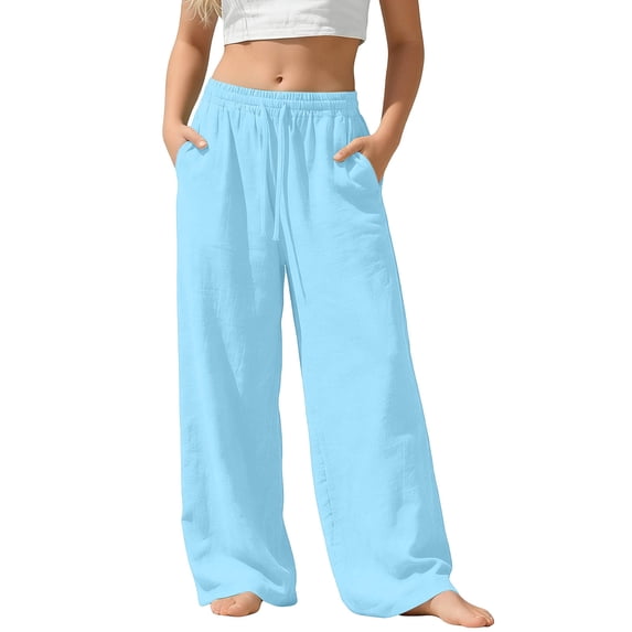 Kids Drawstring Linen Wide Leg Pants Casual Loose Trousers with Pockets for Boys Girls Summer Beach Vacation Blue 5Y