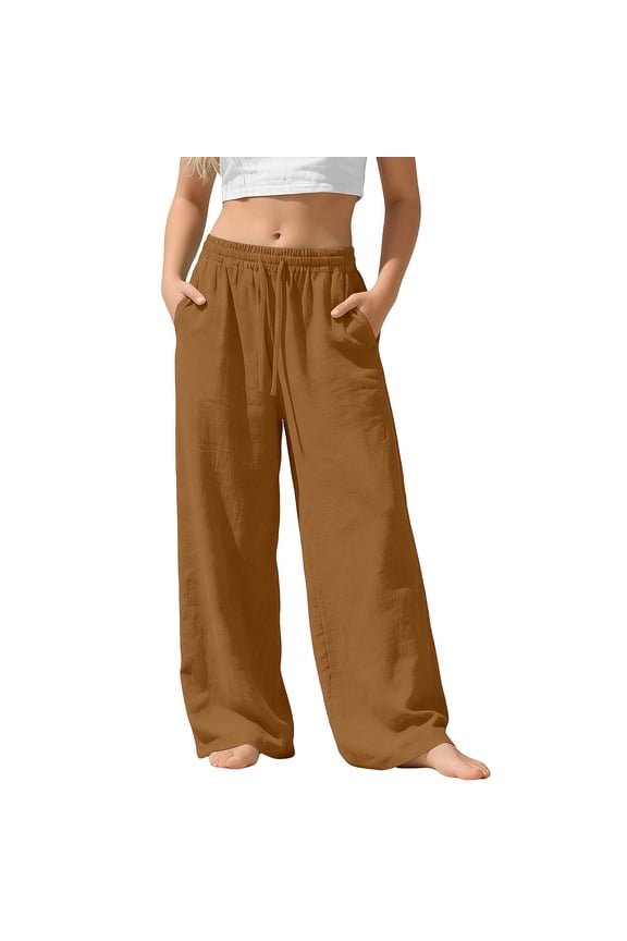 Kids Drawstring Linen Wide Leg Pants Casual Loose Trousers with Pockets for Boys Girls Summer Beach Vacation Brown 13Y