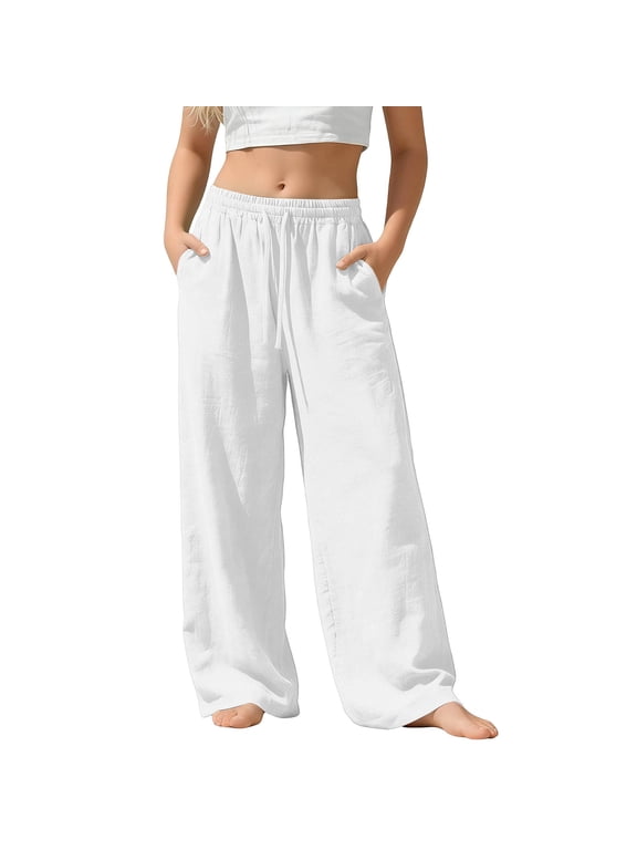 Kids Drawstring Linen Wide Leg Pants Casual Loose Trousers with Pockets for Boys Girls Summer Beach Vacation White Girls Flare Bottom Pants 7Y