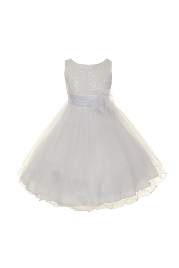 Big Girls White Sequin Bodice Floral Overlaid Flower Girl Dress 10