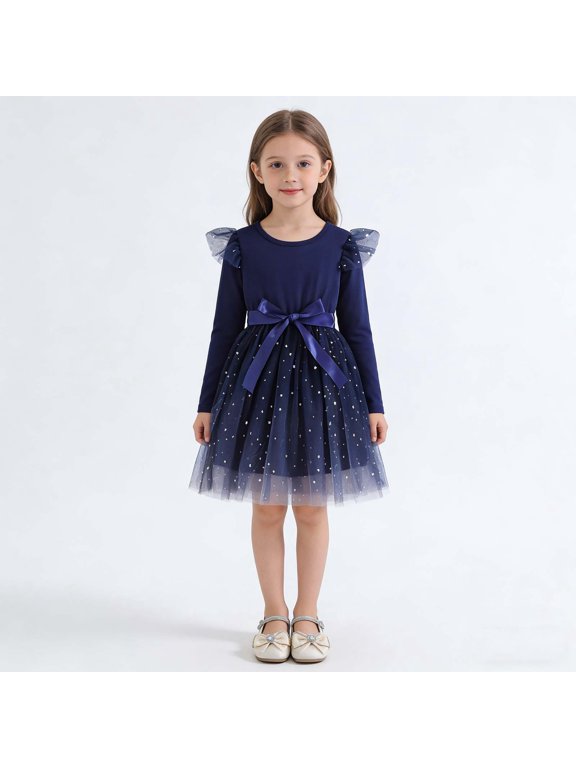 Kids Dress Long Sleeve Celestial Formal Gown Trendy Lovely Elegant Mesh Tulle for Fall and Party Dress Set